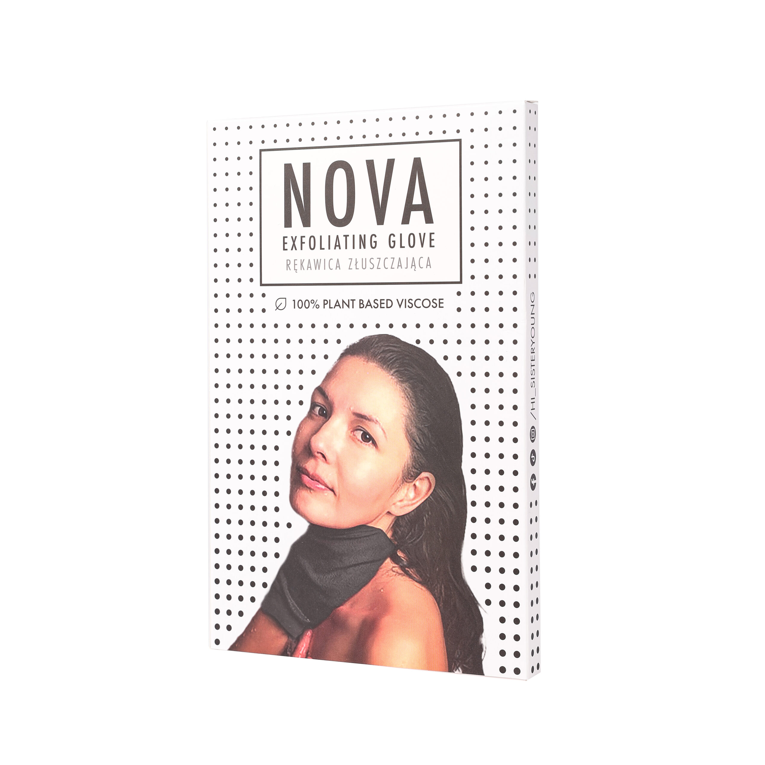 Opakowanie rękawicy NOVA BLACK z nazwą produktu i zdjęciem modelki prezentującej czarną rękawicę.