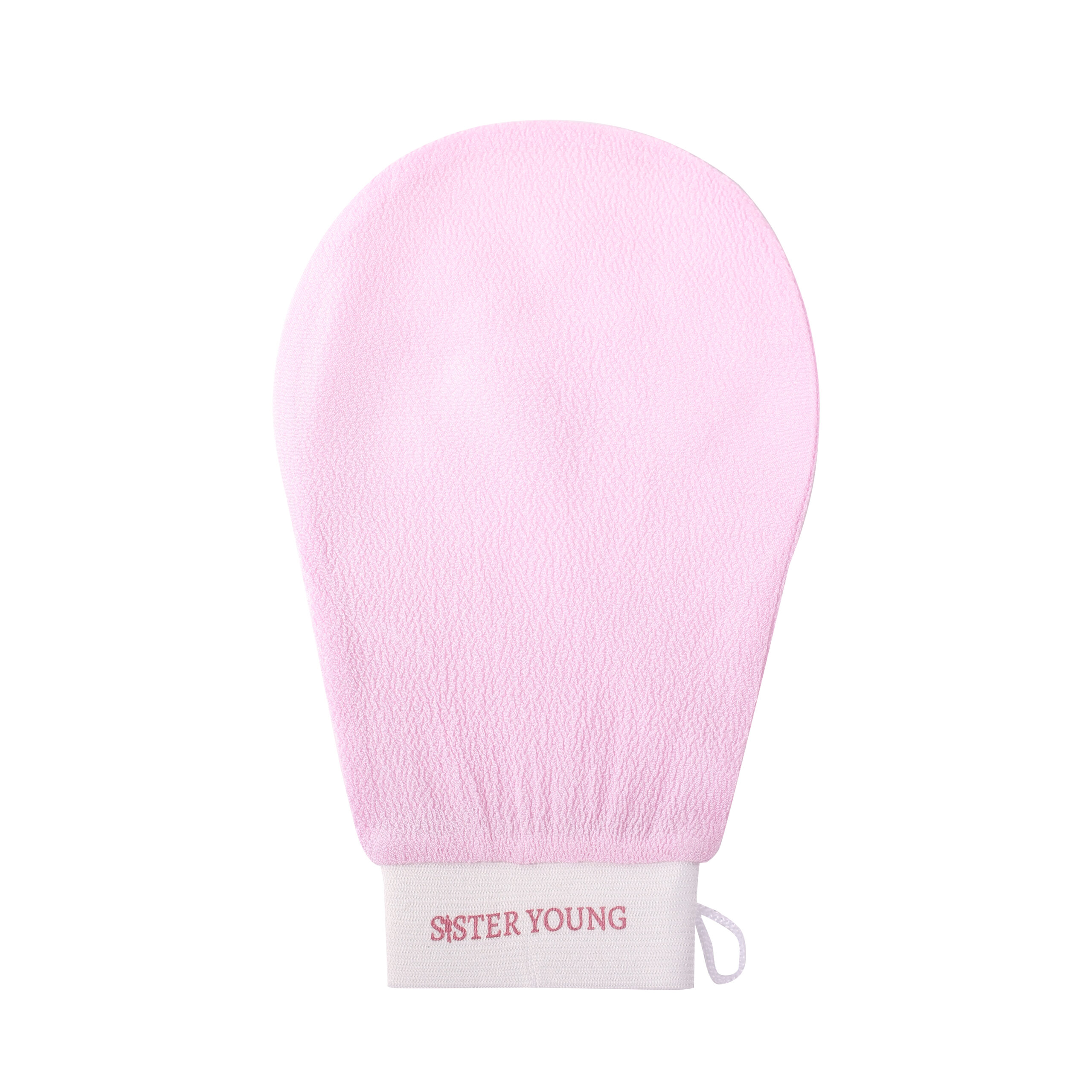 Różowa rękawica do peelingu ciała NOVA PINK Sister Young z białym mankietem na białym tle