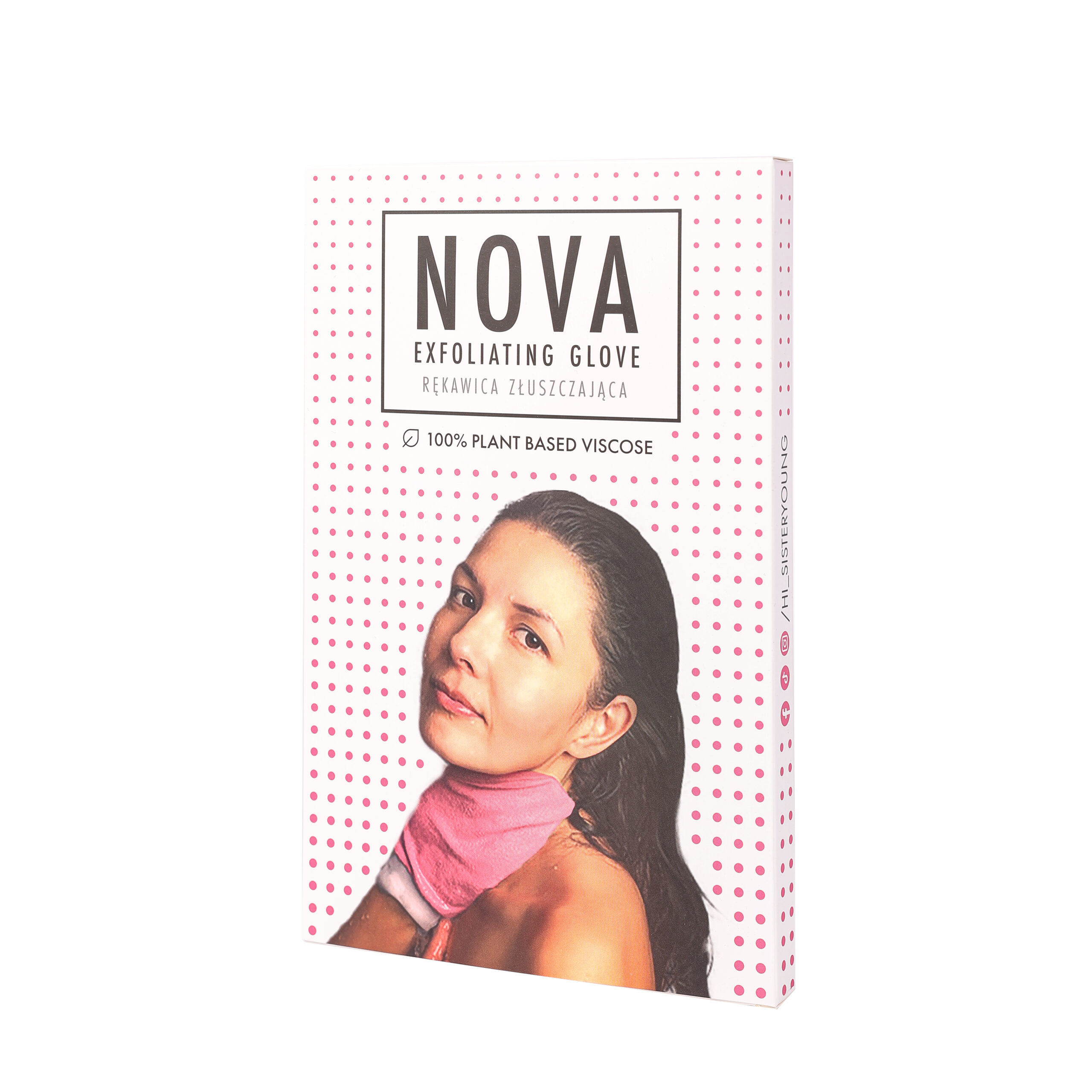Opakowanie rękawicy NOVA PINK z nazwą produktu i zdjęciem modelki prezentującej różową rękawicę.