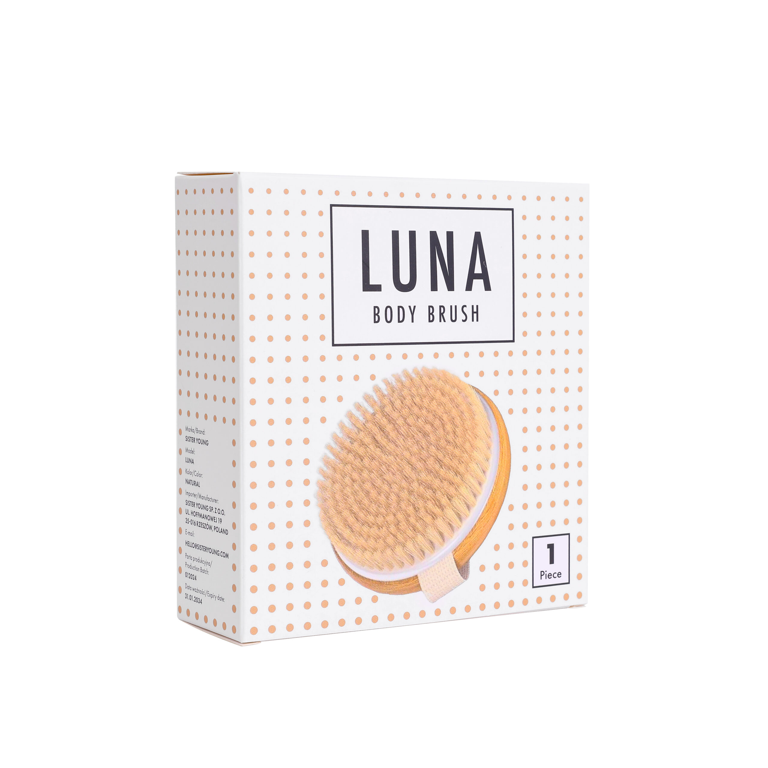 Opakowanie szczotki do masażu ciała LUNA Sister Young na białym tle.