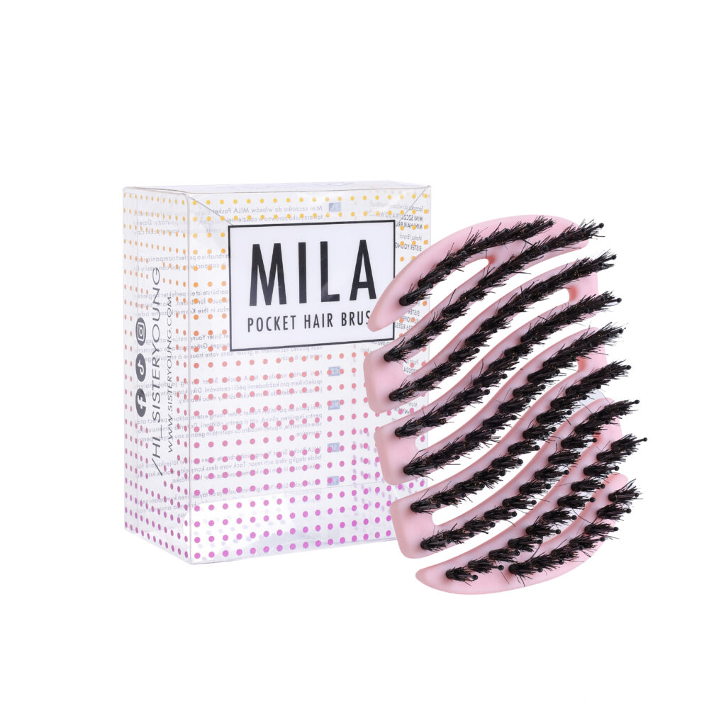 Mini szczotka MILA Pocket BV Pink obok opakowania na białym tle