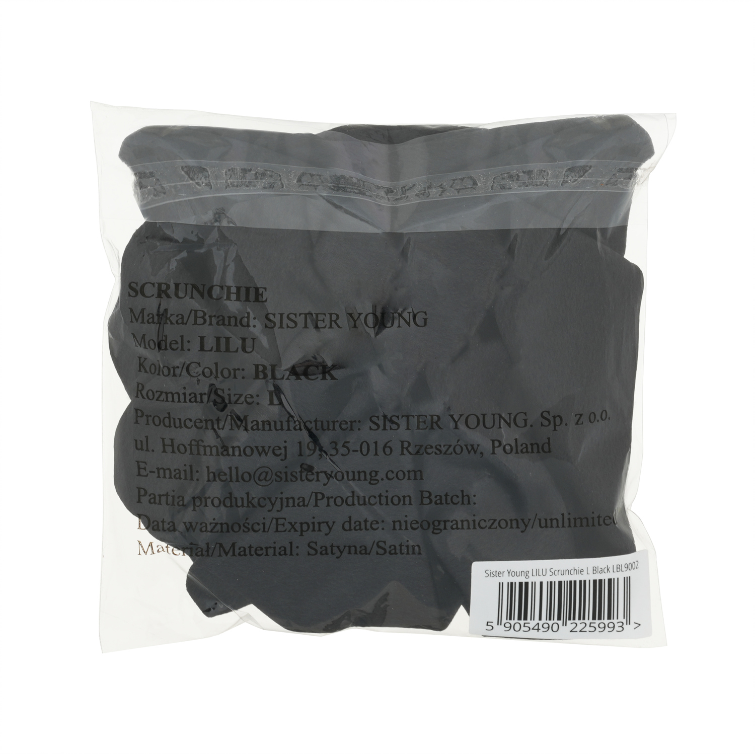 Tył opakowania czarnej gumki LILU Black z informacjami o produkcie i kodem kreskowym.