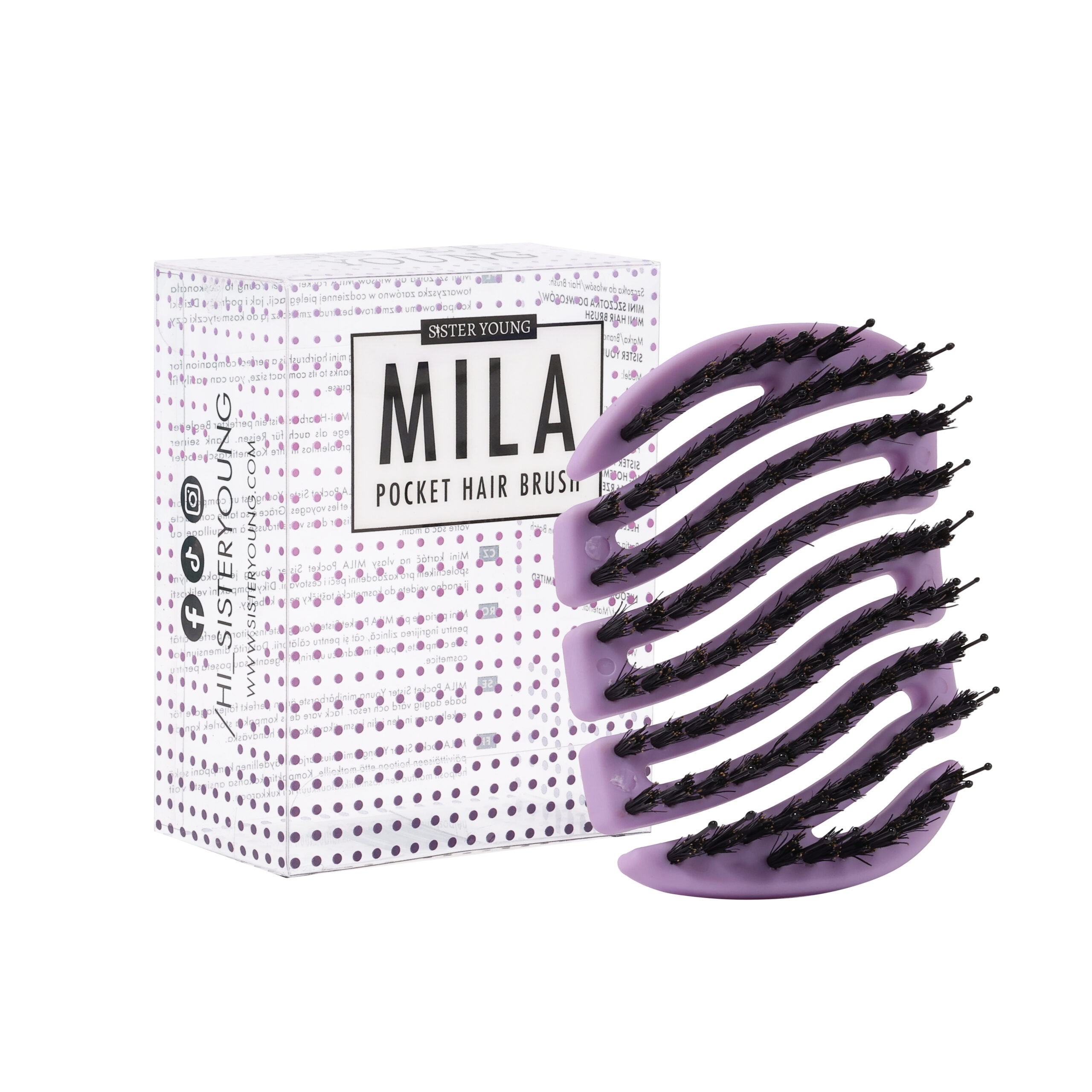 Mini szczotka MILA BV LILAC obok opakowania na białym tle