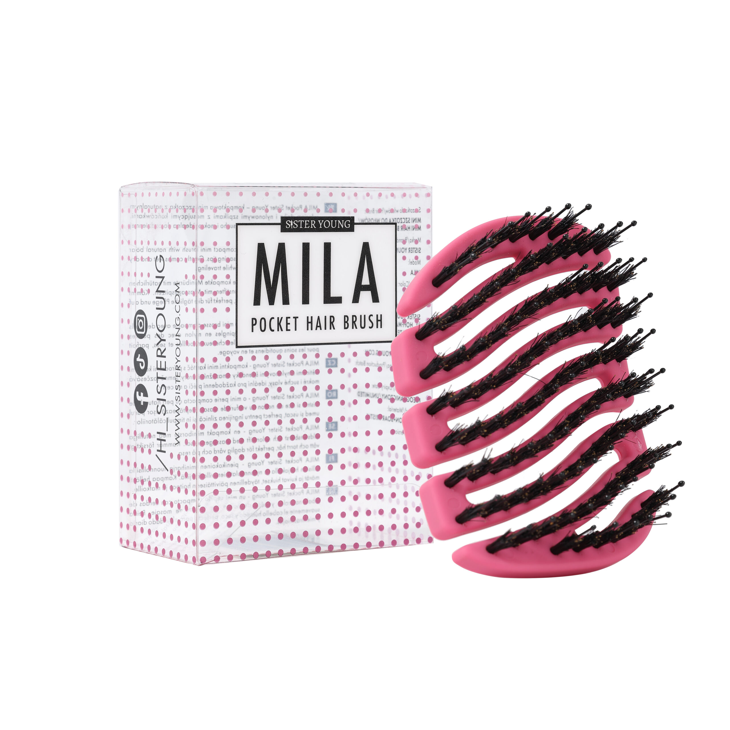 Mini szczotka MILA BV FUCHSIA obok opakowania na białym tle