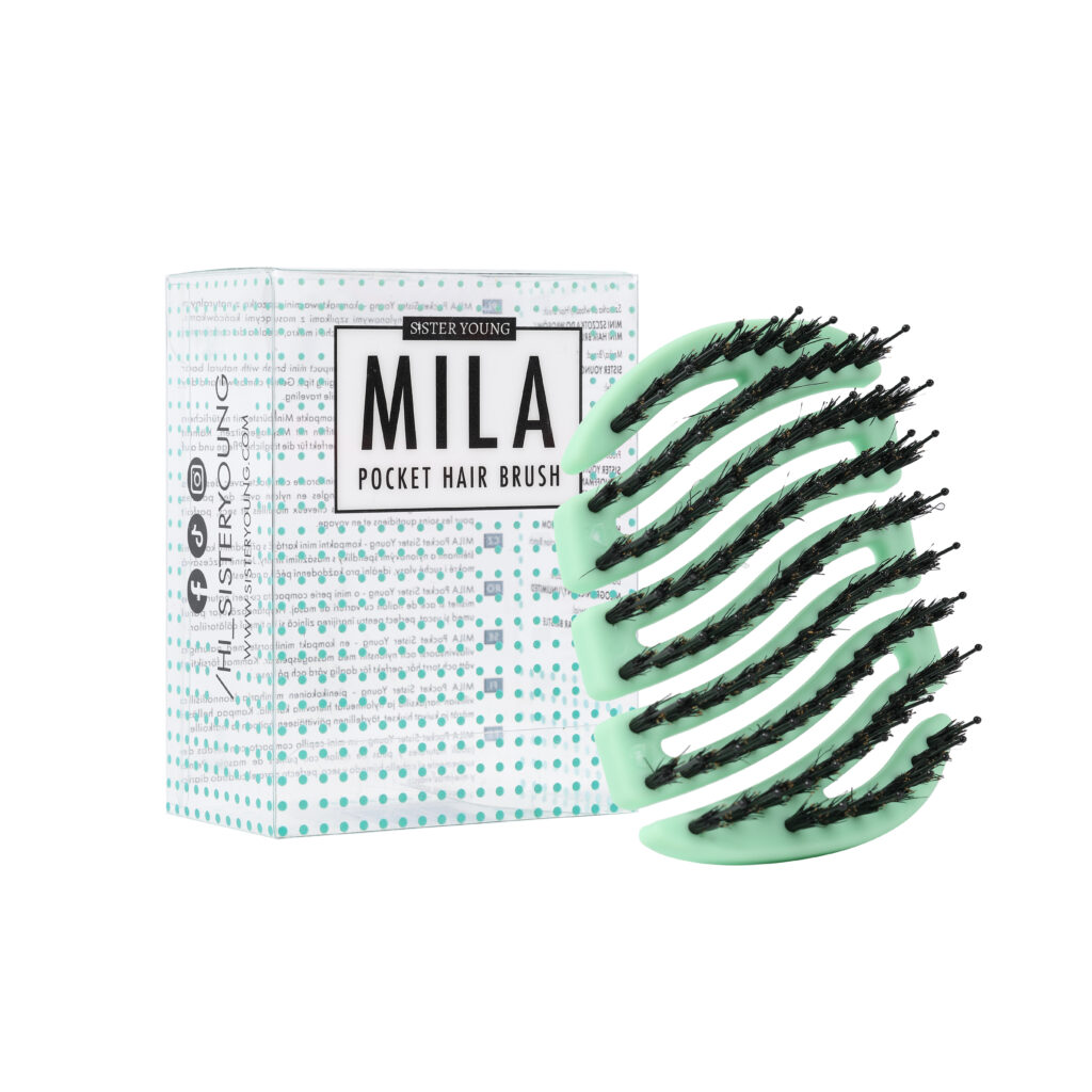 Mini szczotka MILA BV MINT obok opakowania na białym tle