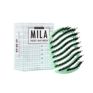 Mini szczotka MILA BV MINT obok opakowania na białym tle