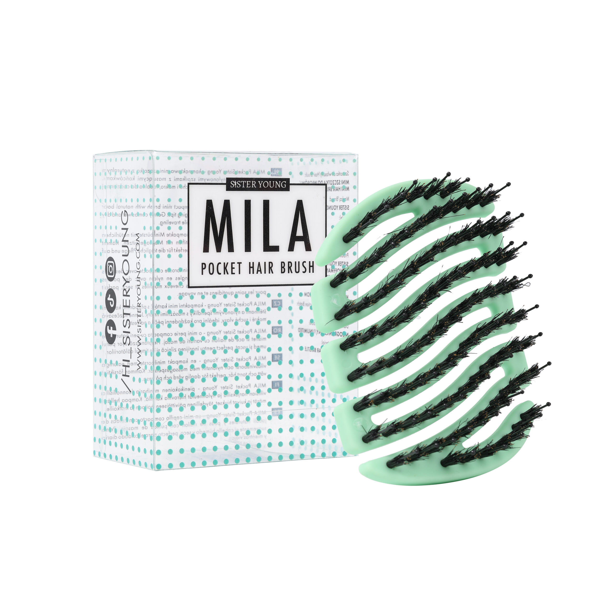 Mini szczotka MILA BV MINT obok opakowania na białym tle