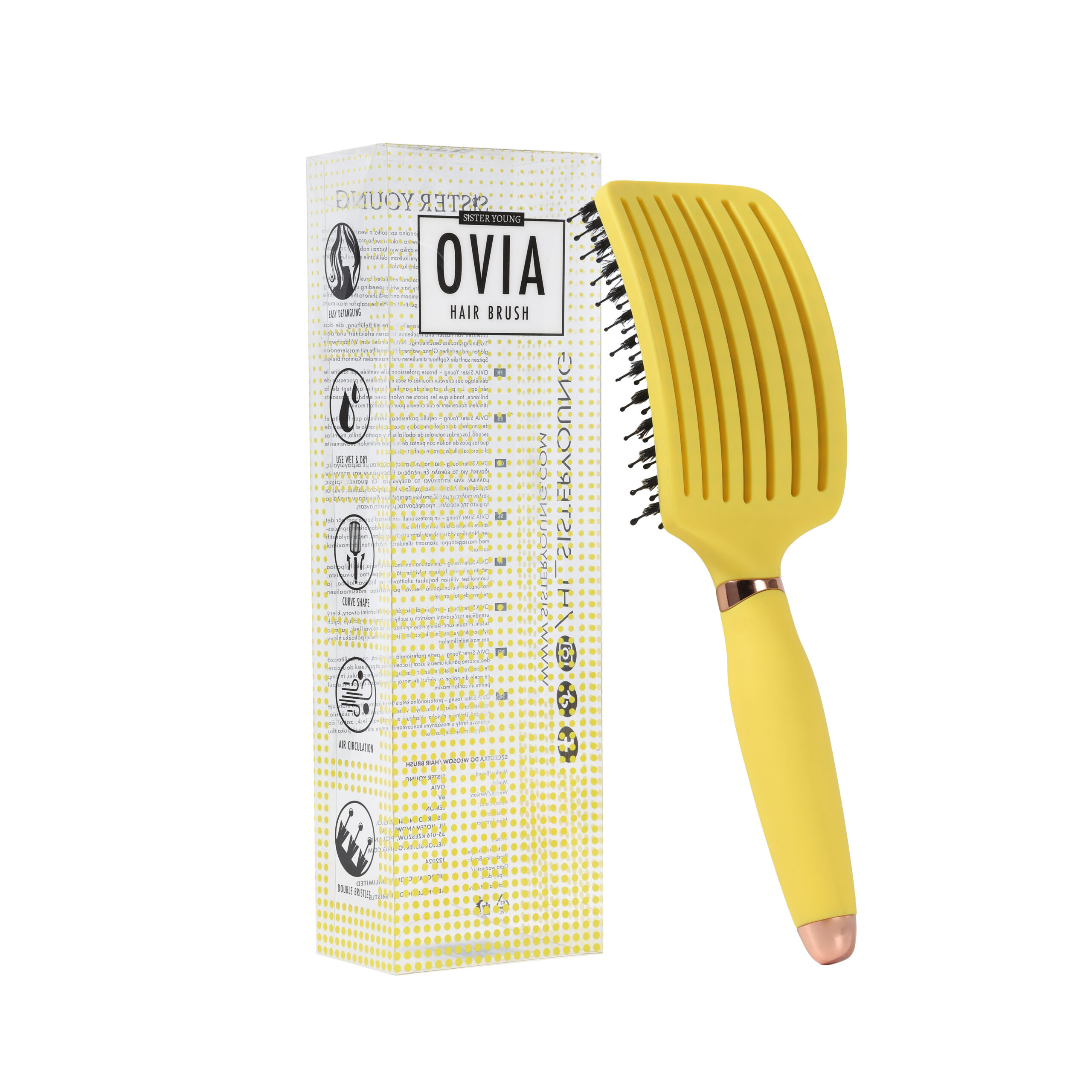 Żółta szczotka OVIA Lemon ustawiona obok opakowania Sister Young.