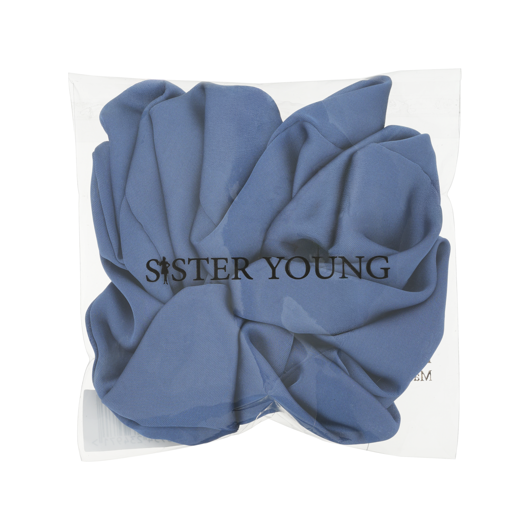 Szyfonowa gumka LILU Steel Blue w opakowaniu Sister Young, widok z przodu.
