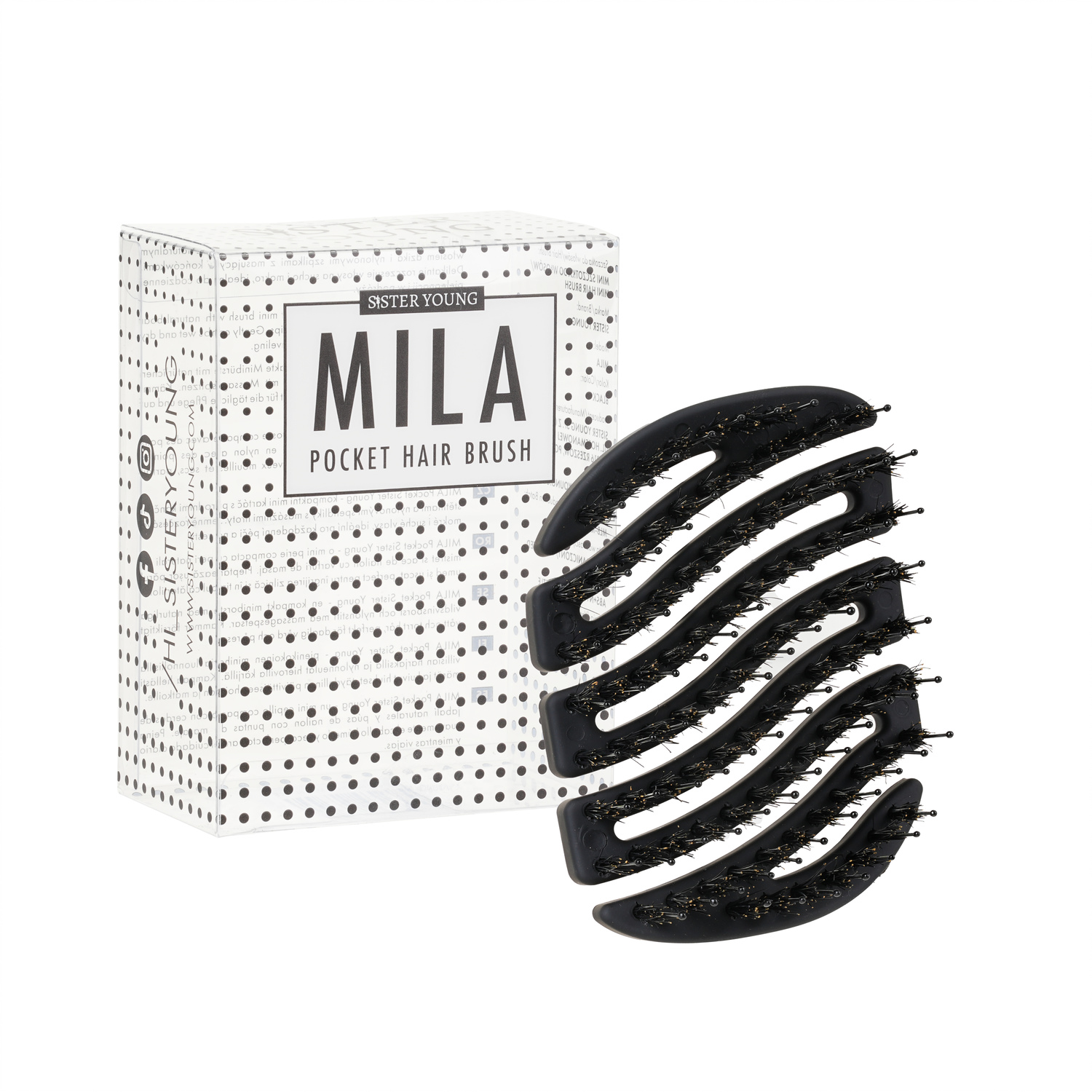 Czarna mini szczotka MILA BV obok opakowania na białym tle