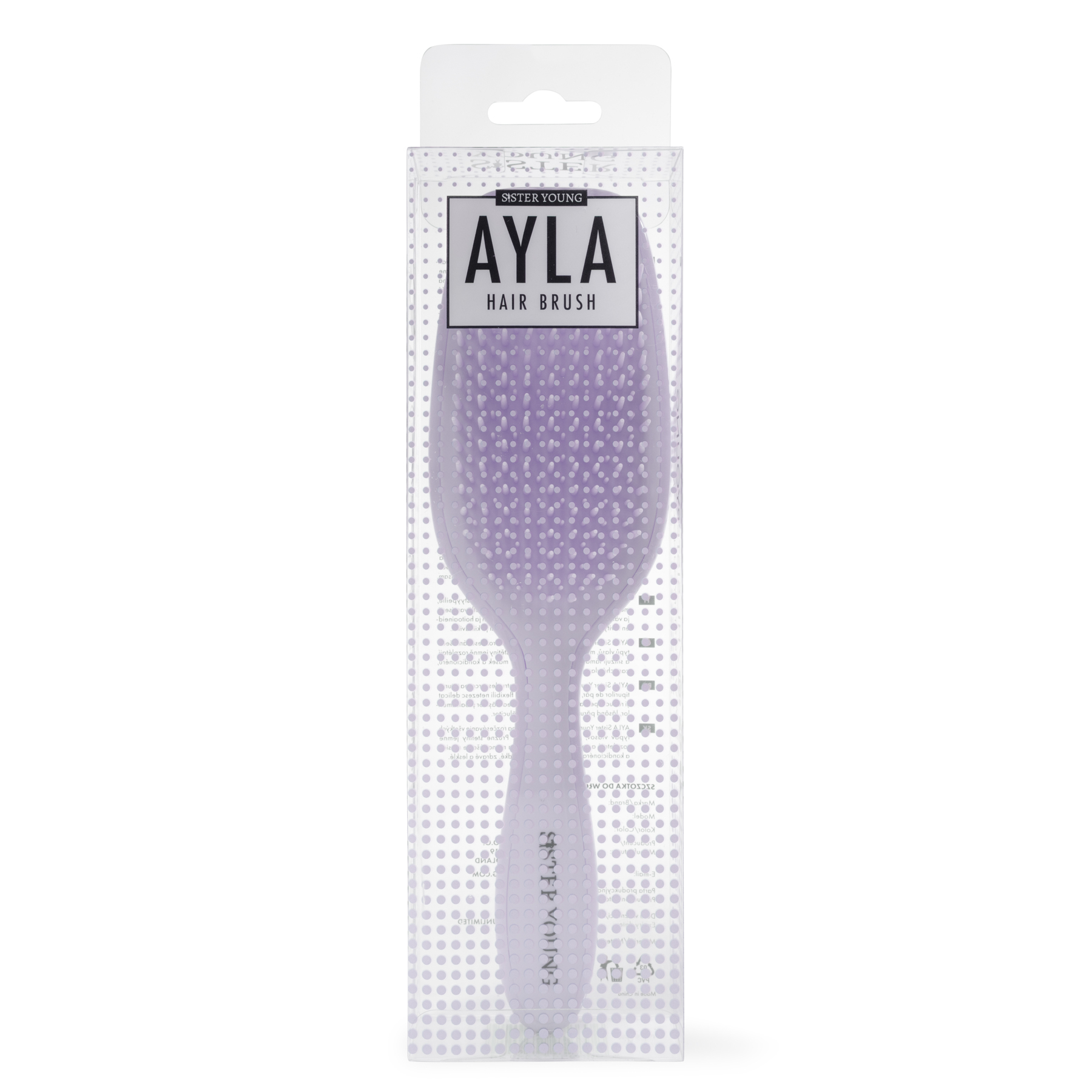 Szczotka do włosów Sister Young AYLA Lilac w opakowaniu, na białym tle.