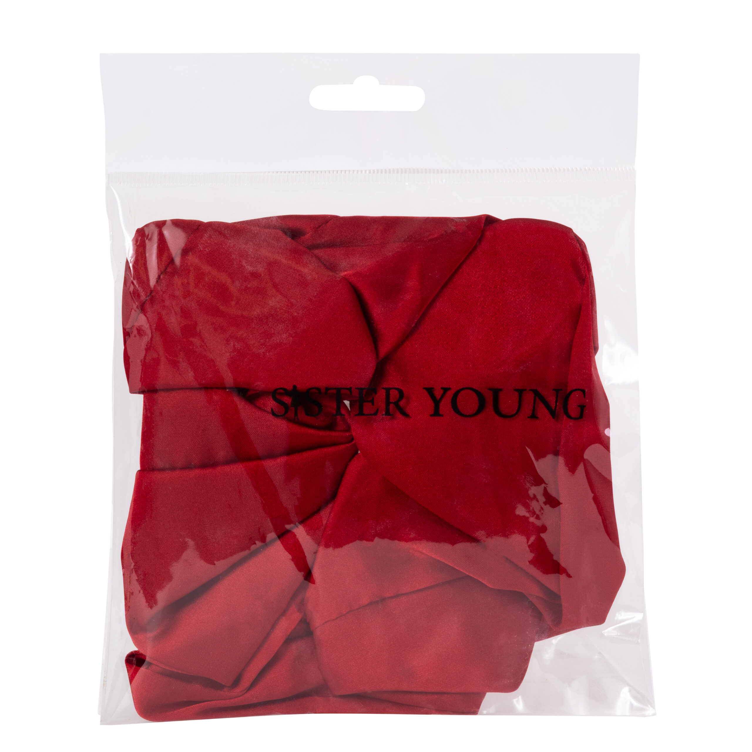 Czerwona gumka do włosów Lilu Cherry Red w przezroczystym opakowaniu, widok z przodu.