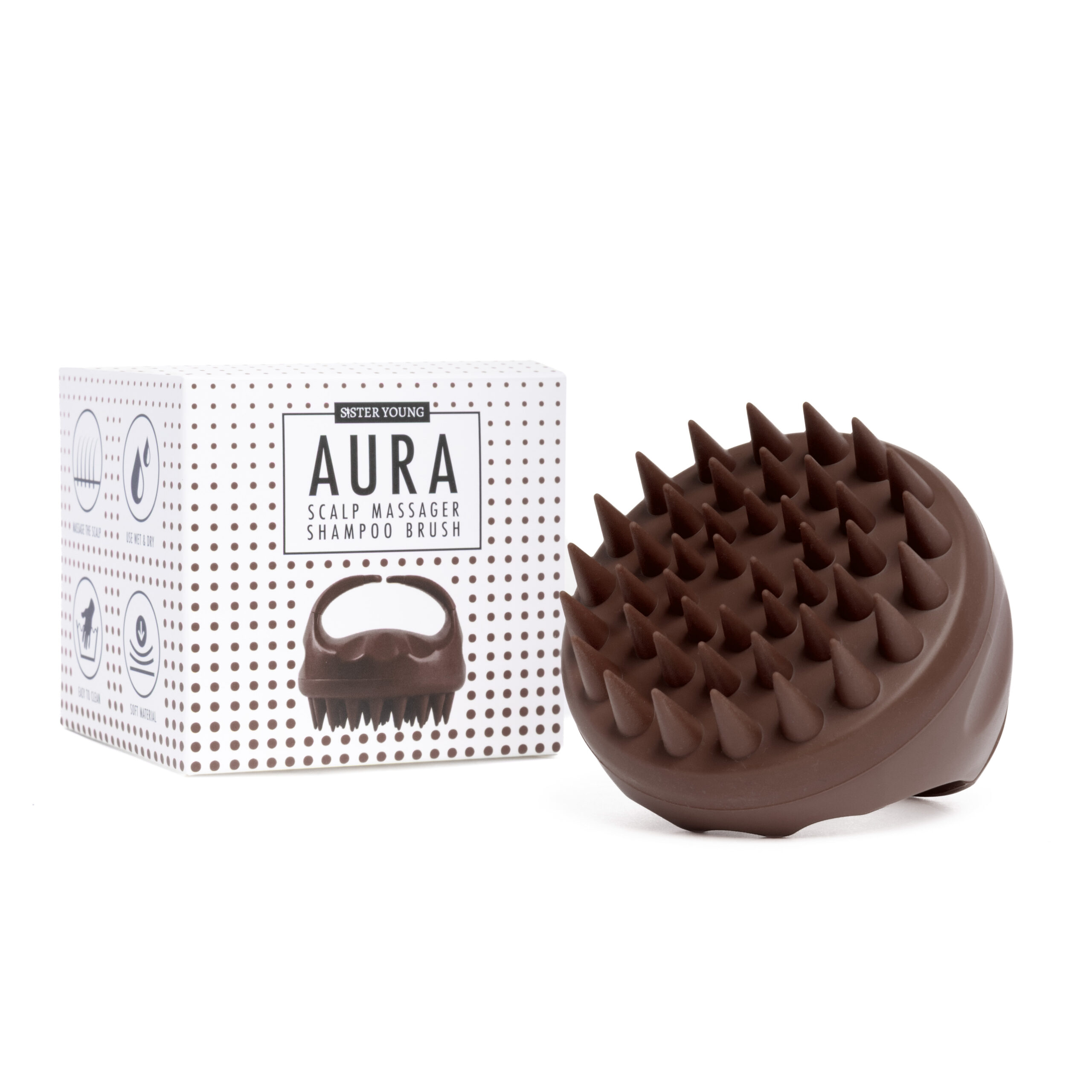Szczotka Sister Young AURA Chocolate Coffee obok opakowania na białym tle, z wypustkami skierowanymi do aparatu.