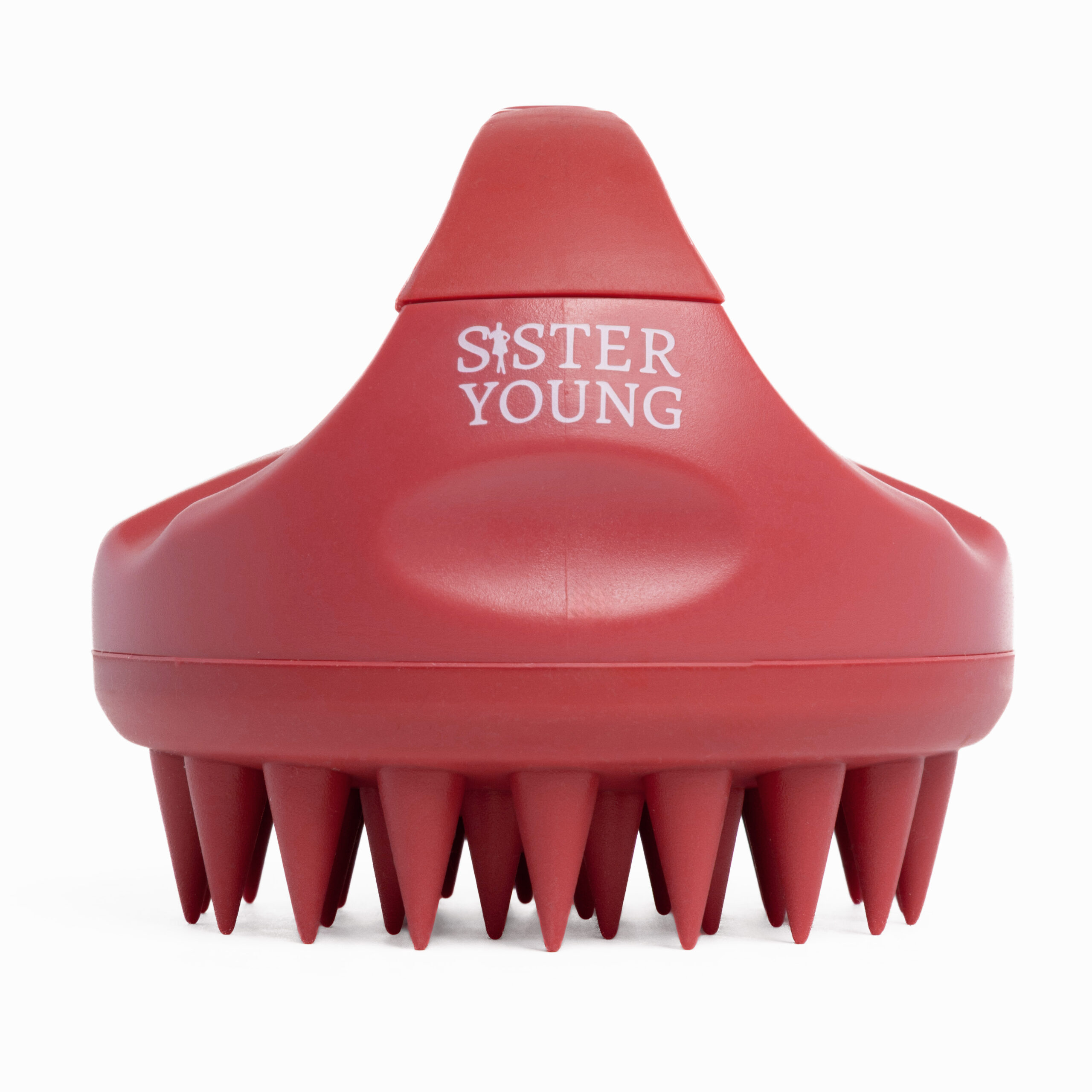 Szczotka Sister Young AURA Cherry Red widziana od przodu, z logo marki i wypustkami skierowanymi w dół.