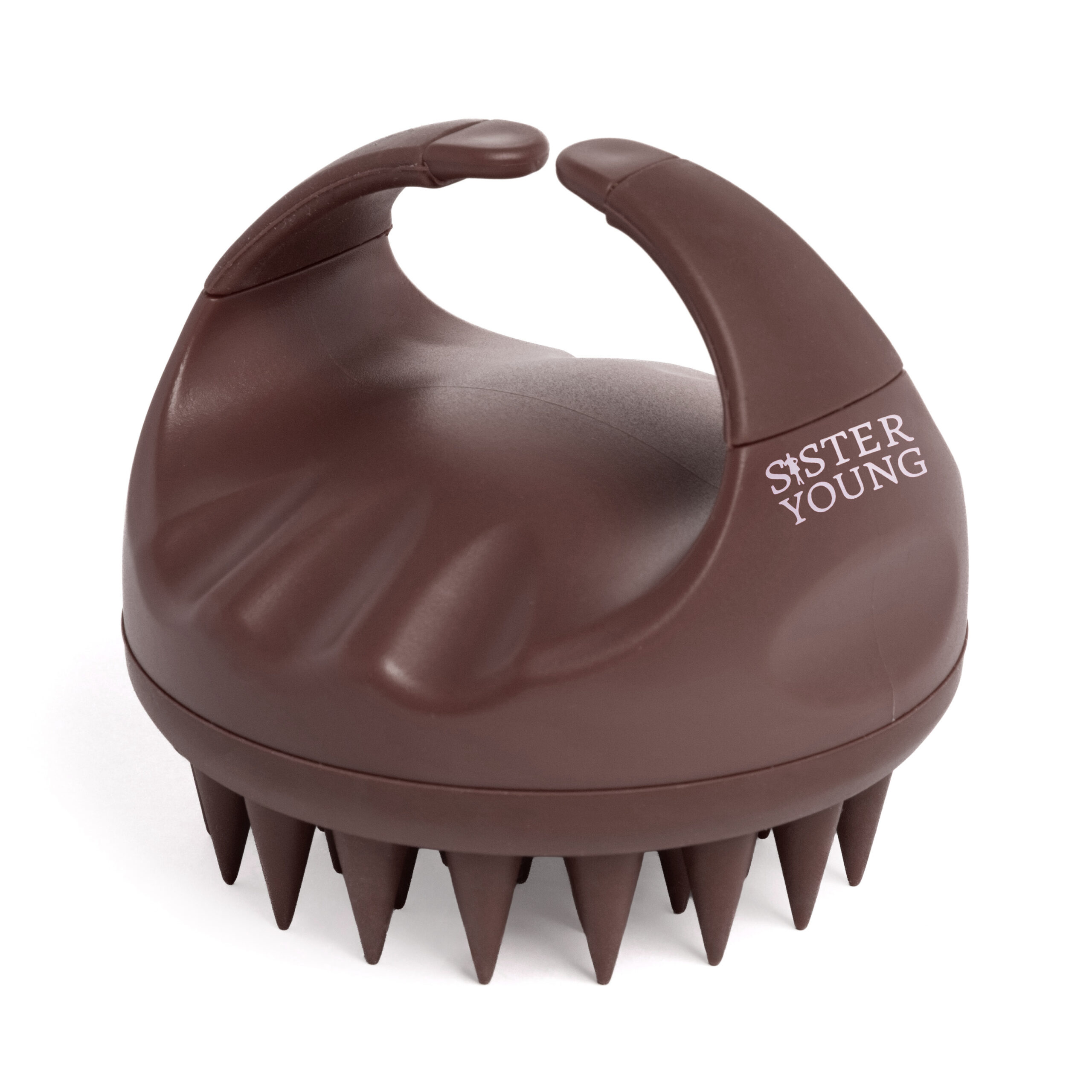Szczotka Sister Young AURA Chocolate Coffee pokazana pod kątem, z widocznym otworem w uchwycie i wypustkami pod podstawą.