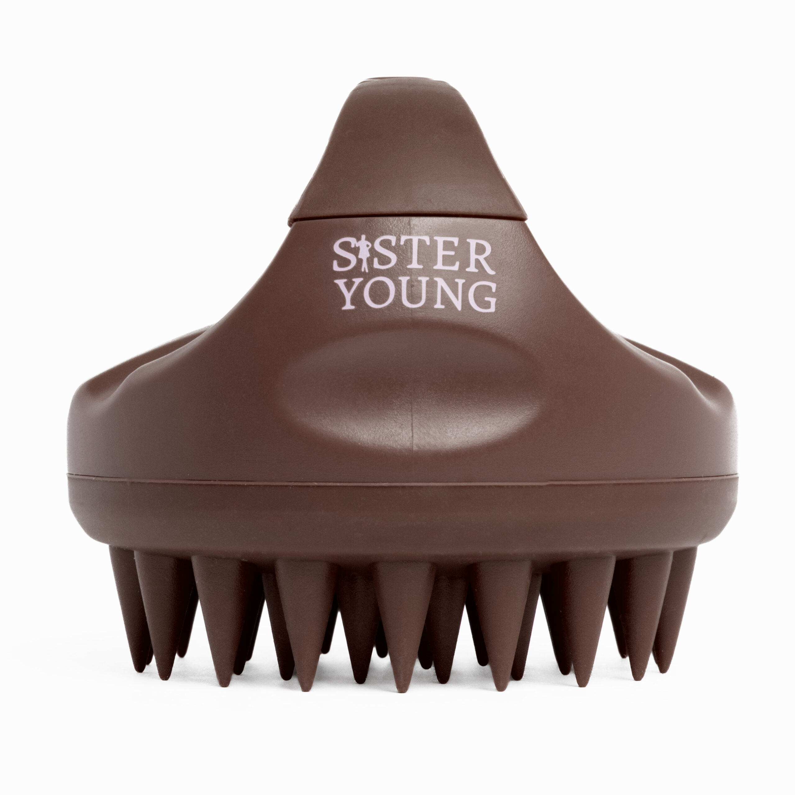 Szczotka Sister Young AURA Chocolate Coffee widziana od przodu, z logo marki i wypustkami skierowanymi w dół.