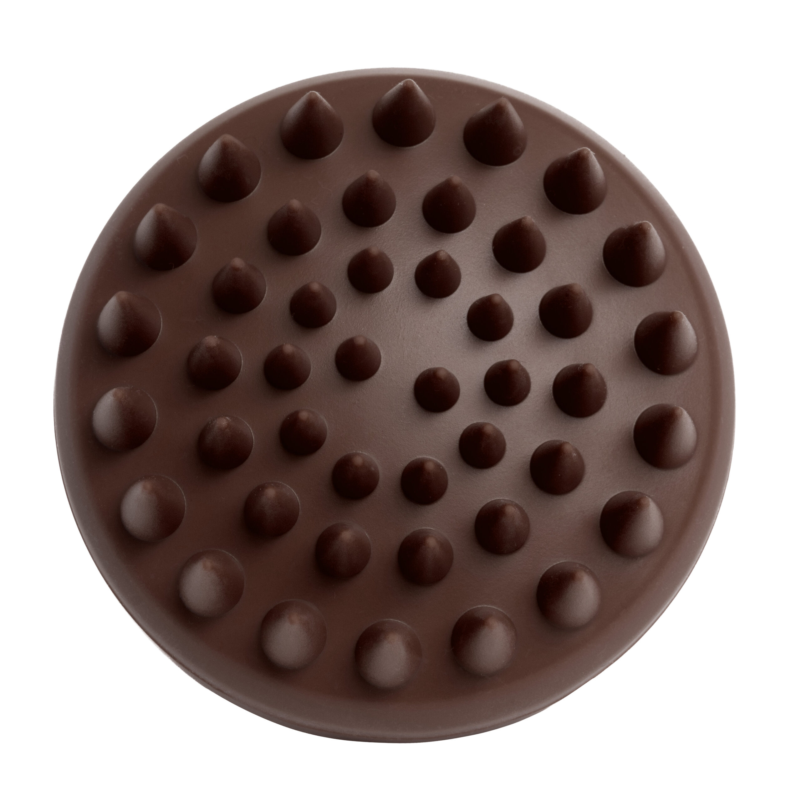 Spód szczotki Sister Young AURA Chocolate Coffee z wypustkami masującymi rozmieszczonymi na okrągłej podstawie.