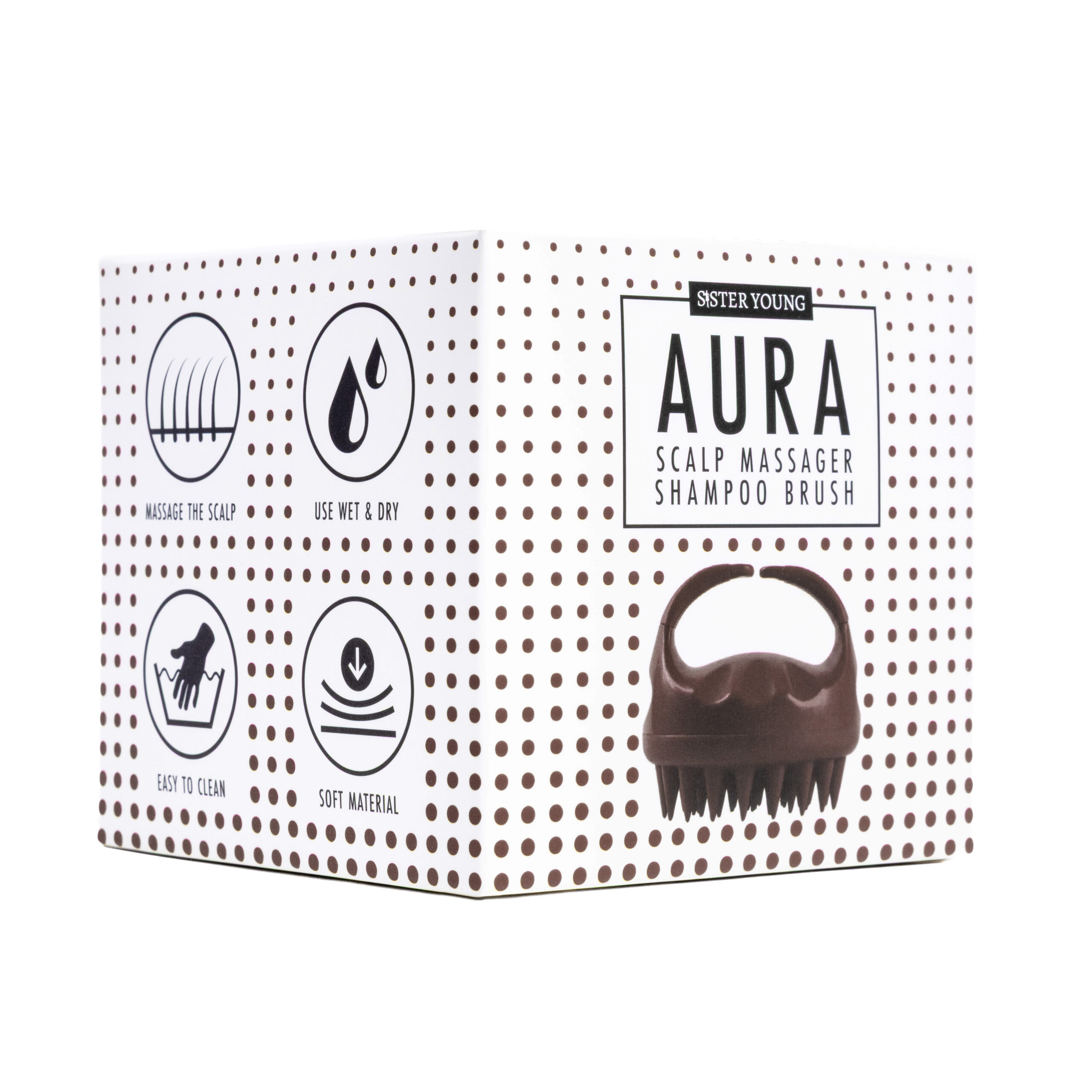 Opakowanie szczotki Sister Young AURA Chocolate Coffee z nazwą modelu i ilustracją brązowej szczotki na białym tle.