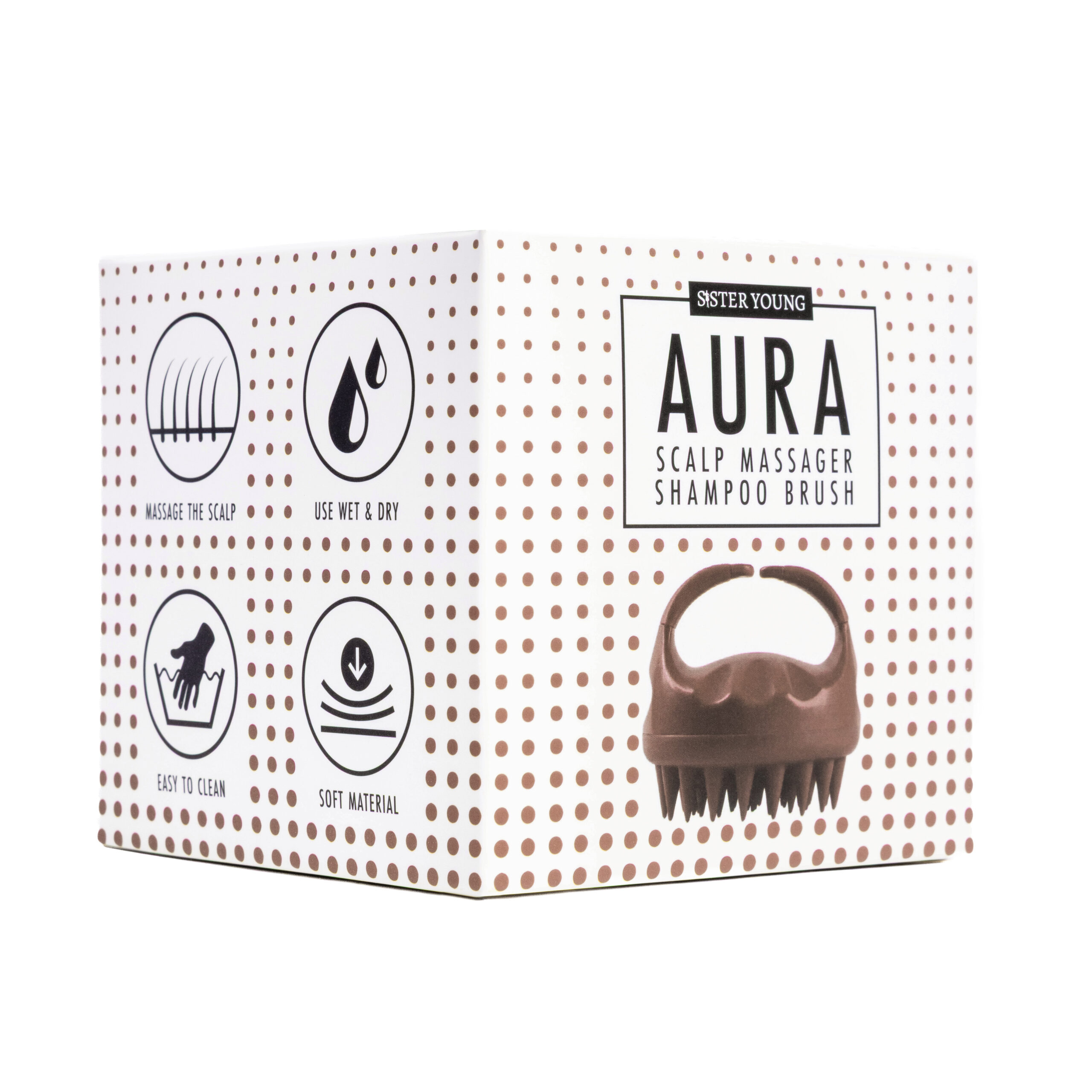 Opakowanie szczotki Sister Young AURA Cinnamon Mocha z nazwą modelu i ilustracją produktu na białym tle.