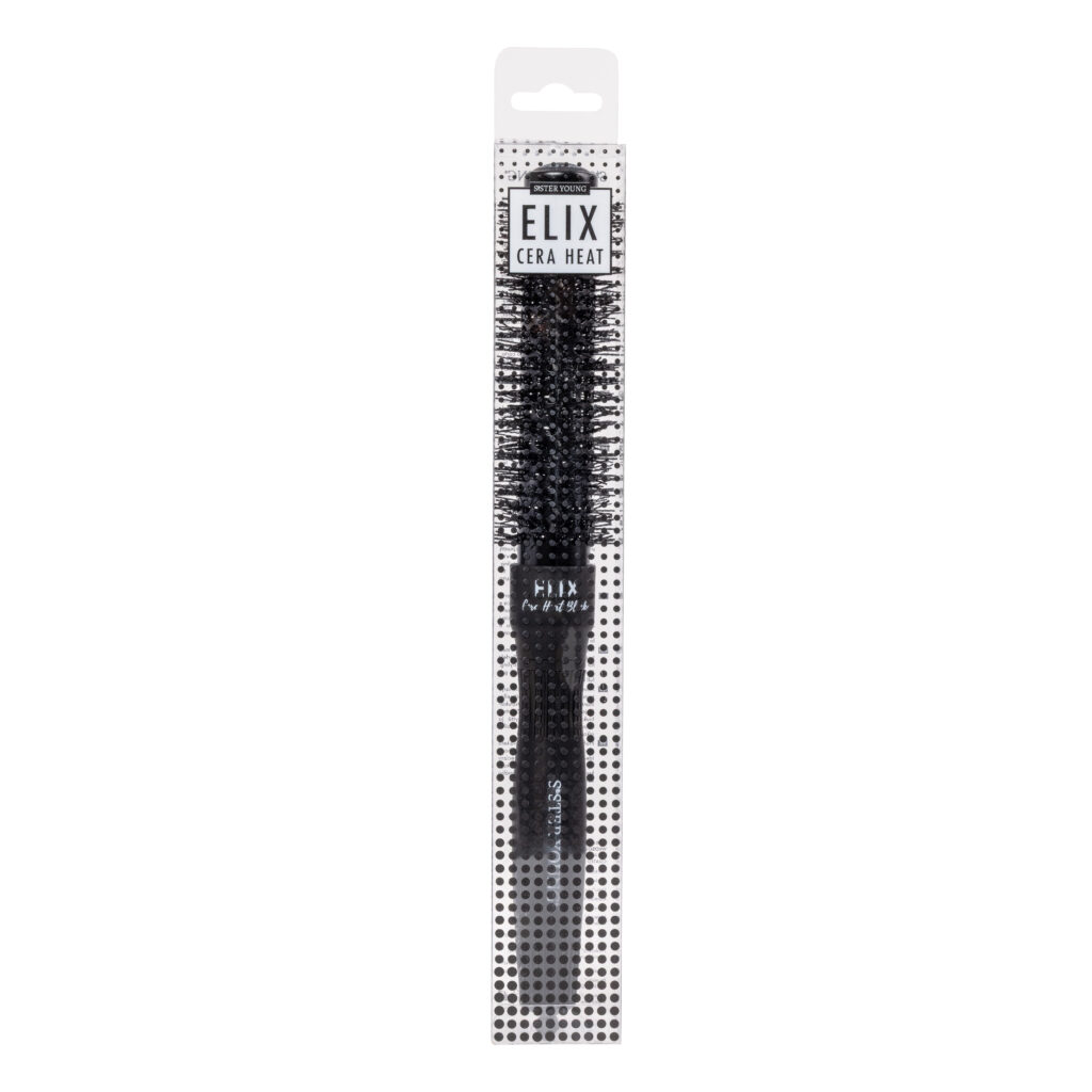Okrągła szczotka Sister Young ELIX Cera Heat Black+ 25 mm w opakowaniu na białym tle