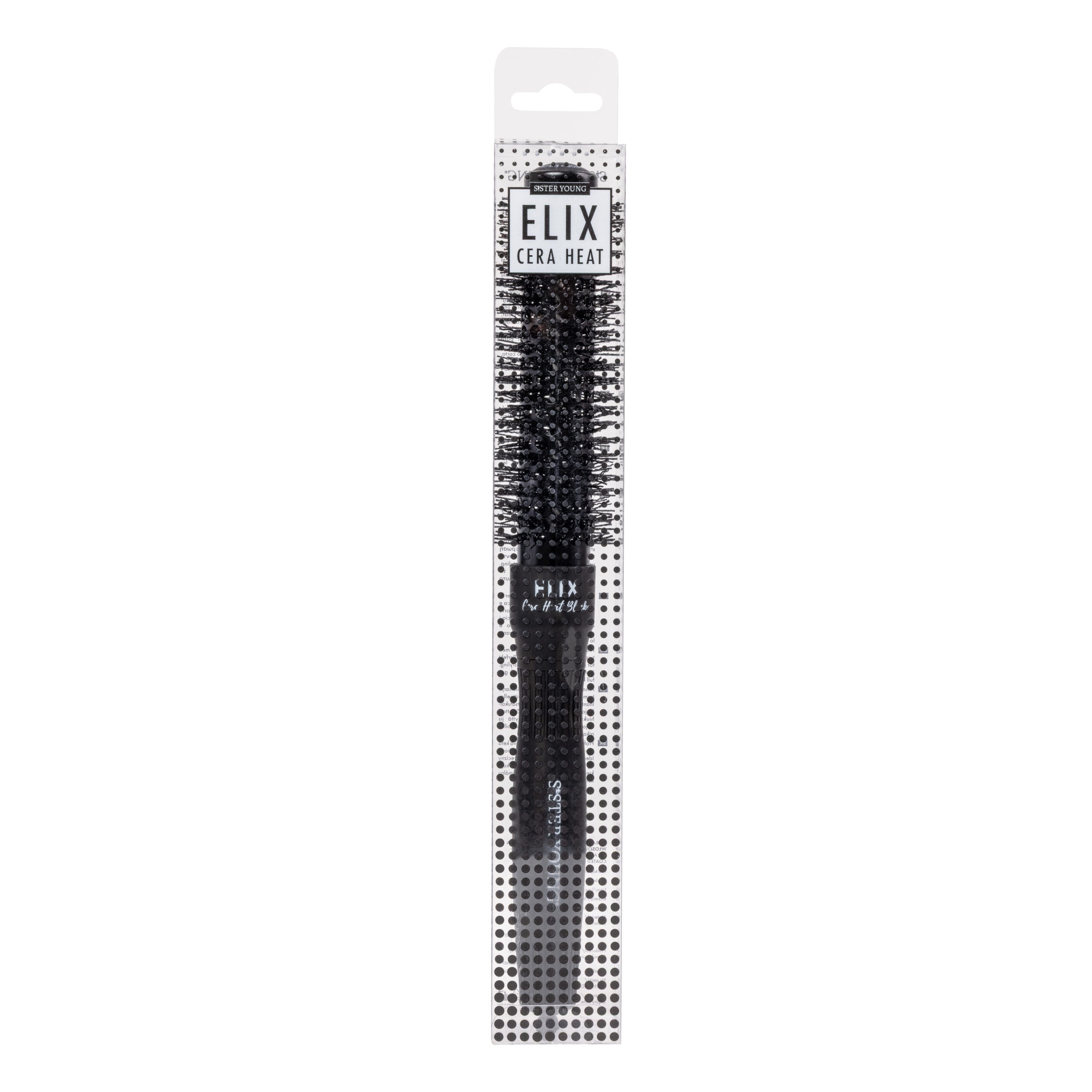 Okrągła szczotka Sister Young ELIX Cera Heat Black+ 25 mm w opakowaniu na białym tle