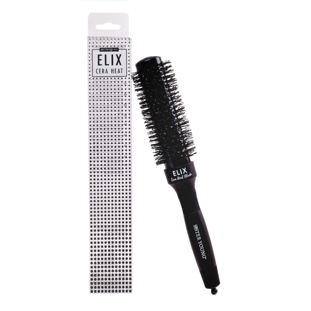 Okrągła szczotka Sister Young ELIX BLACK+ 32 mm obok opakowania na białym tle