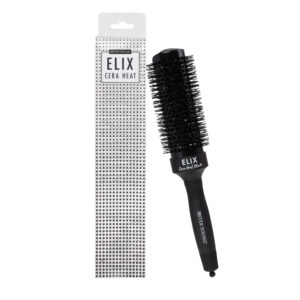 Okrągła szczotka Sister Young ELIX BLACK+ 43 mm obok opakowania na białym tle