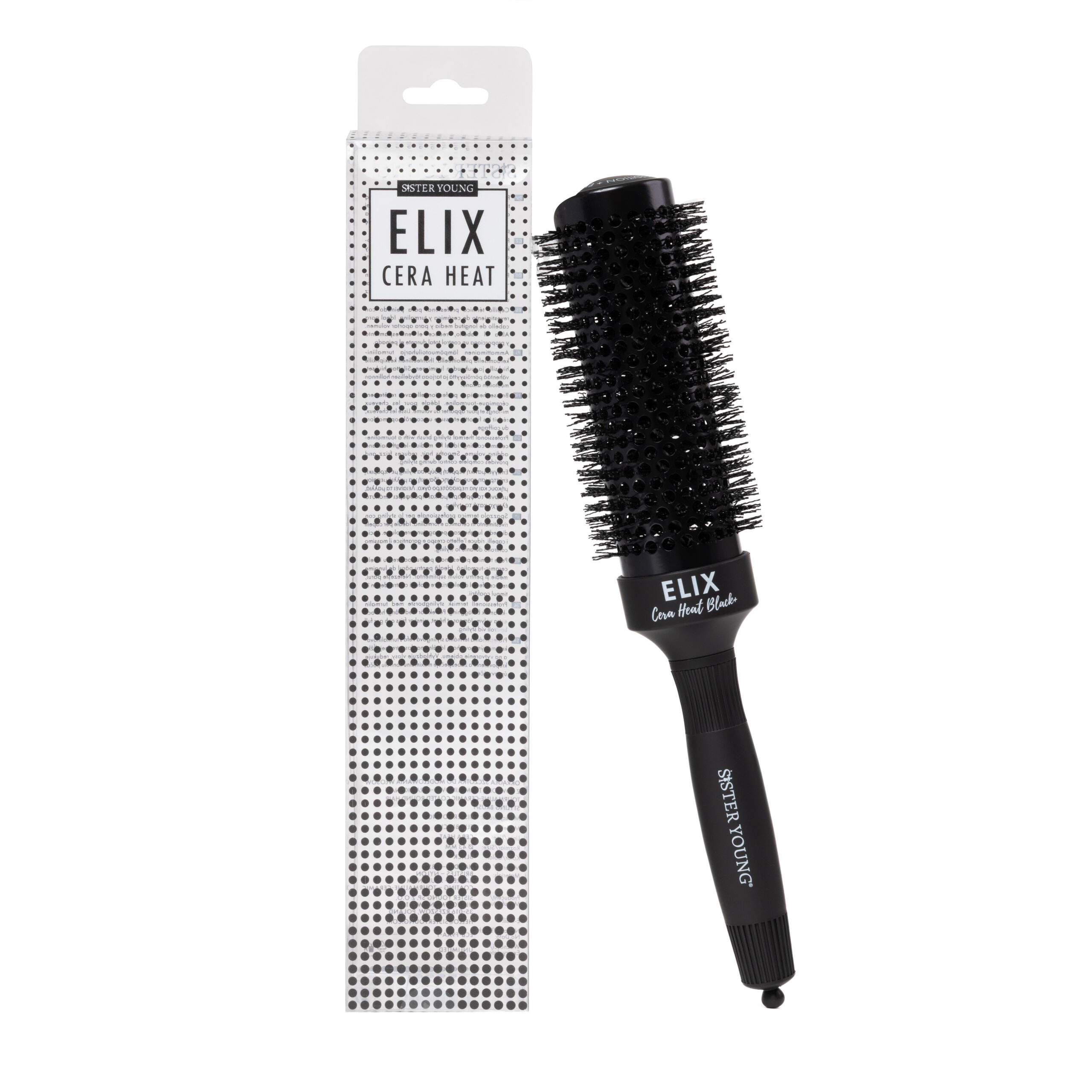 Okrągła szczotka Sister Young ELIX BLACK+ 43 mm obok opakowania na białym tle