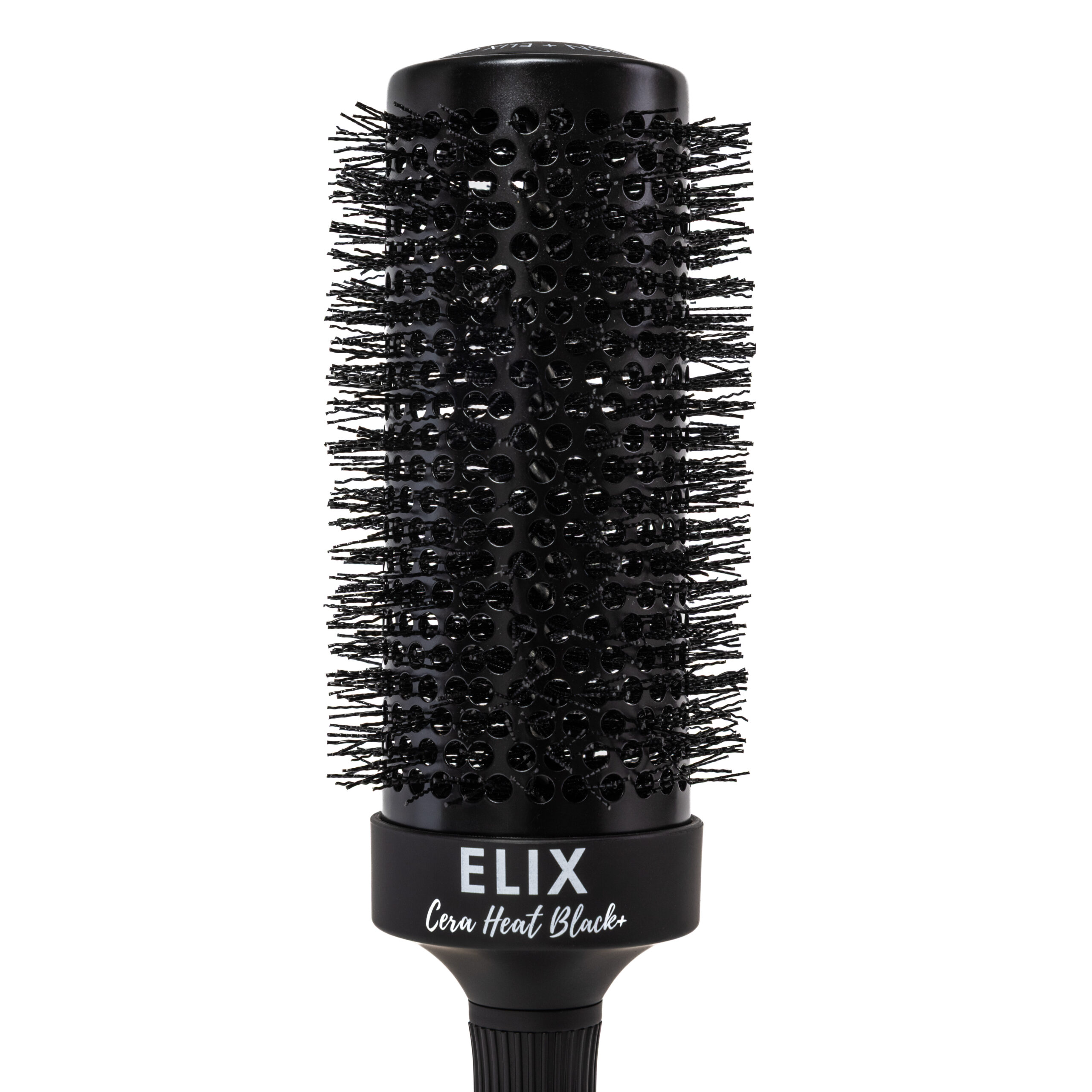 Zbliżenie główki i włosia czarnej szczotki Sister Young ELIX BLACK+ 53 mm na białym tle