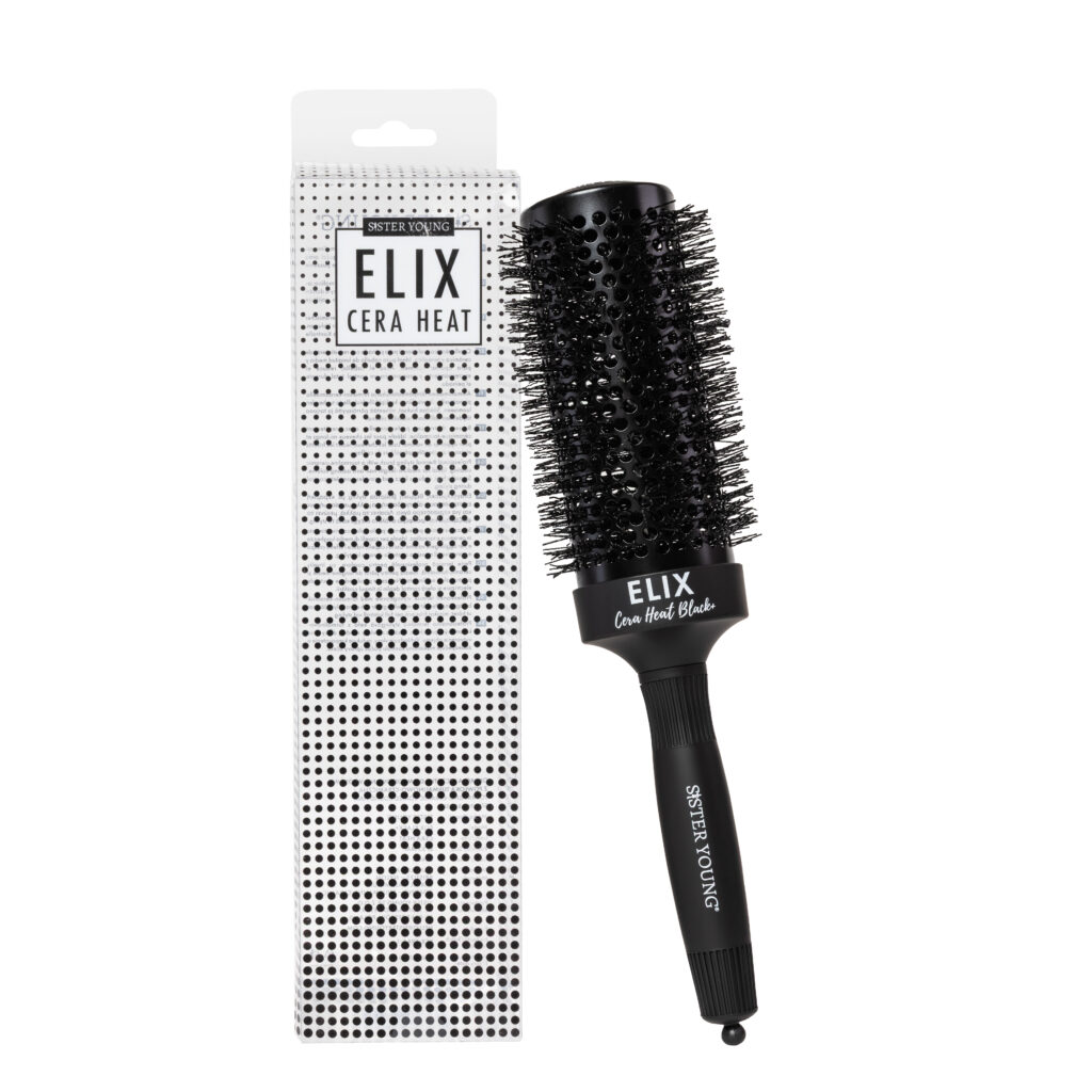 Okrągła szczotka Sister Young ELIX BLACK+ 53 mm obok opakowania na białym tle