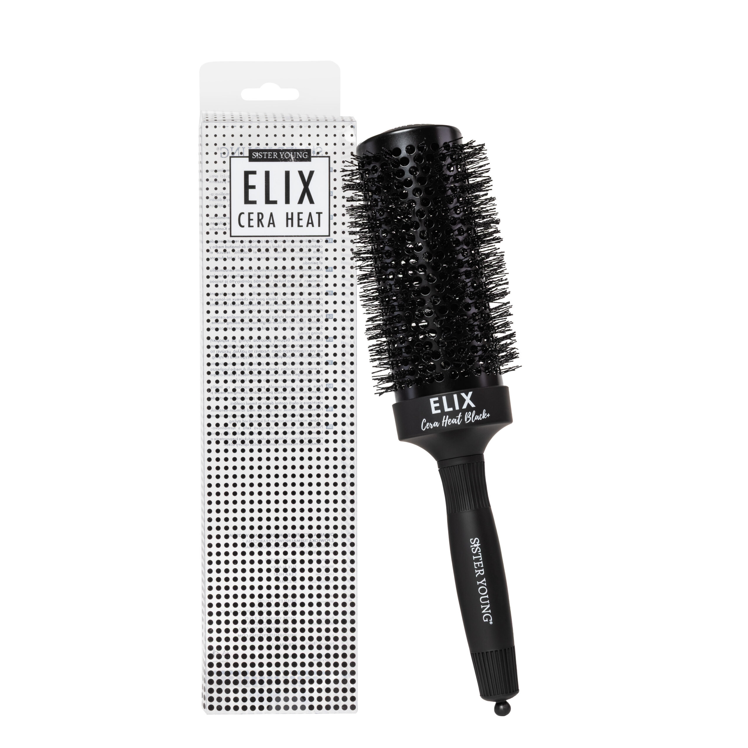 Okrągła szczotka Sister Young ELIX BLACK+ 53 mm obok opakowania na białym tle