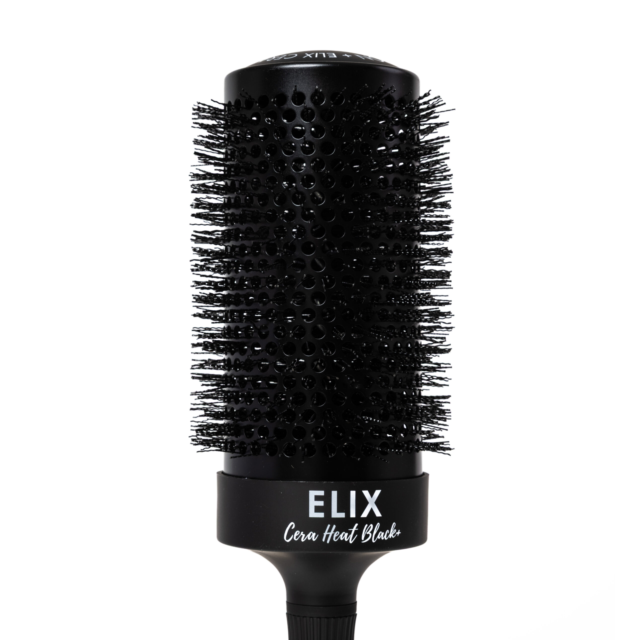 Zbliżenie główki i włosia czarnej szczotki Sister Young ELIX BLACK+ 65 mm na białym tle