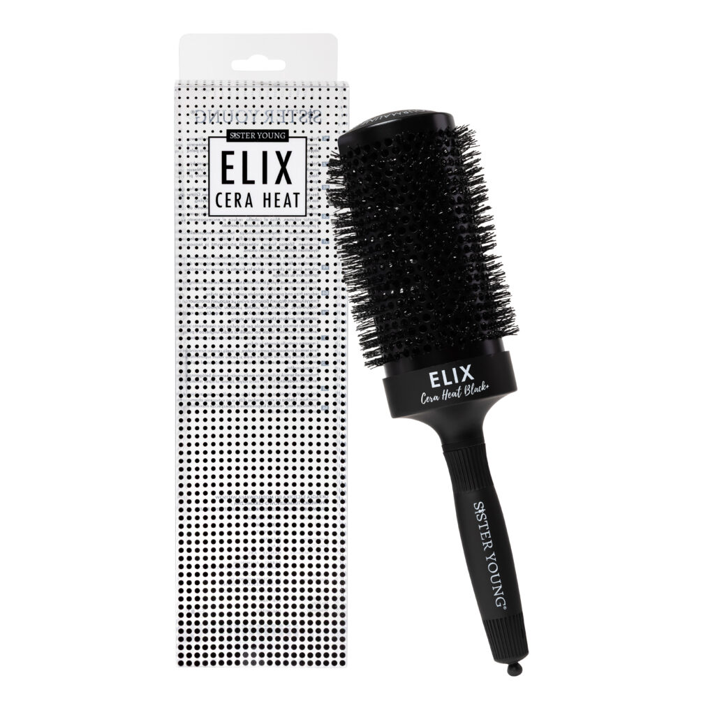 Okrągła szczotka Sister Young ELIX BLACK+ 65 mm obok opakowania na białym tle