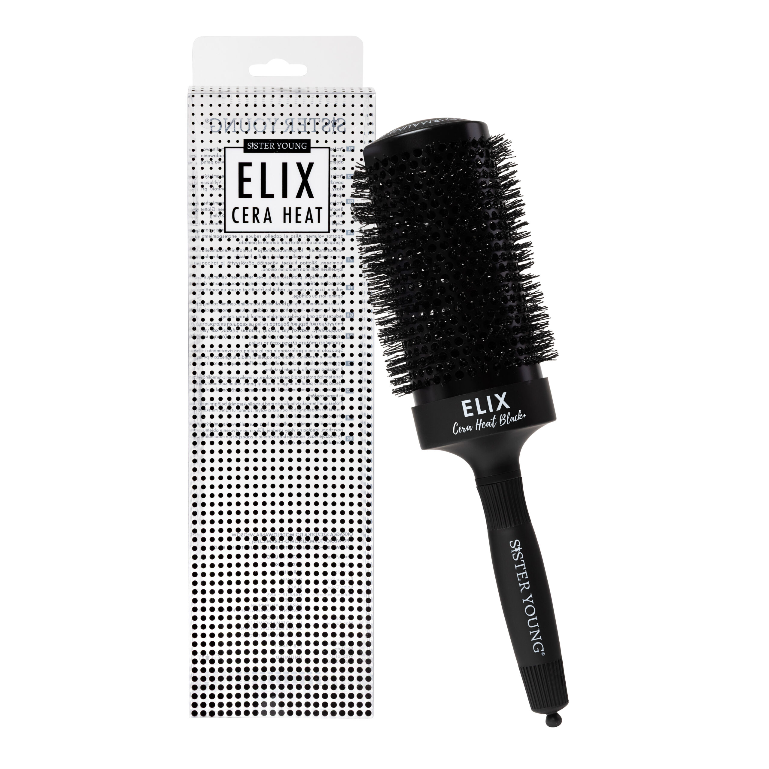 Okrągła szczotka Sister Young ELIX BLACK+ 65 mm obok opakowania na białym tle