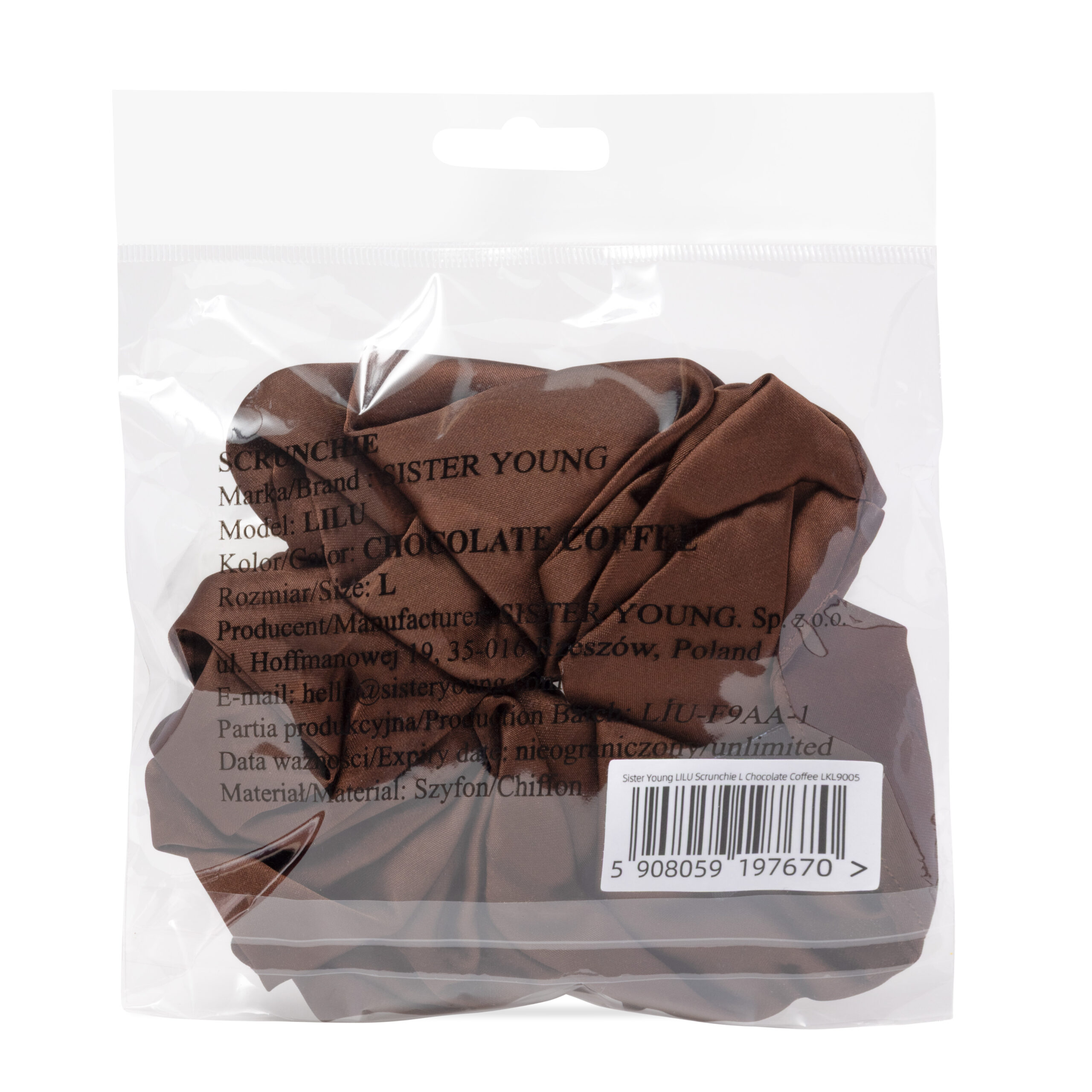 Tył opakowania gumki LILU Chocolate Coffee marki Sister Young z informacjami o produkcie i kodem kreskowym.