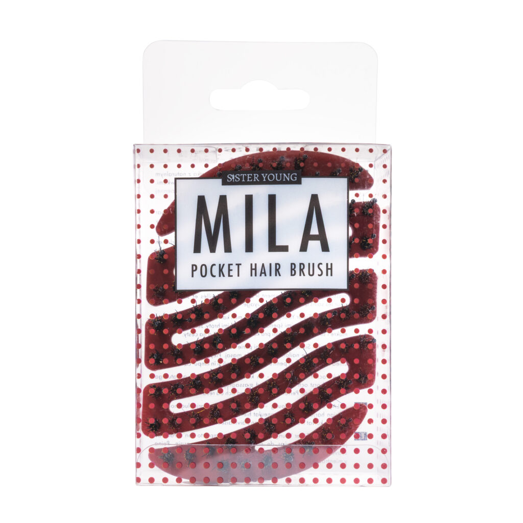 Mini szczotka do włosów Sister Young MILA Cherry Red w opakowaniu, na białym tle.