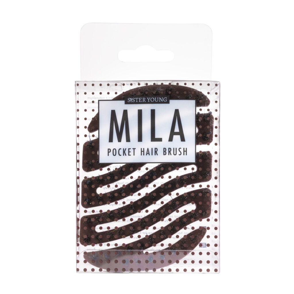 Mini szczotka do włosów Sister Young MILA Chocolate Coffee w opakowaniu, na białym tle.