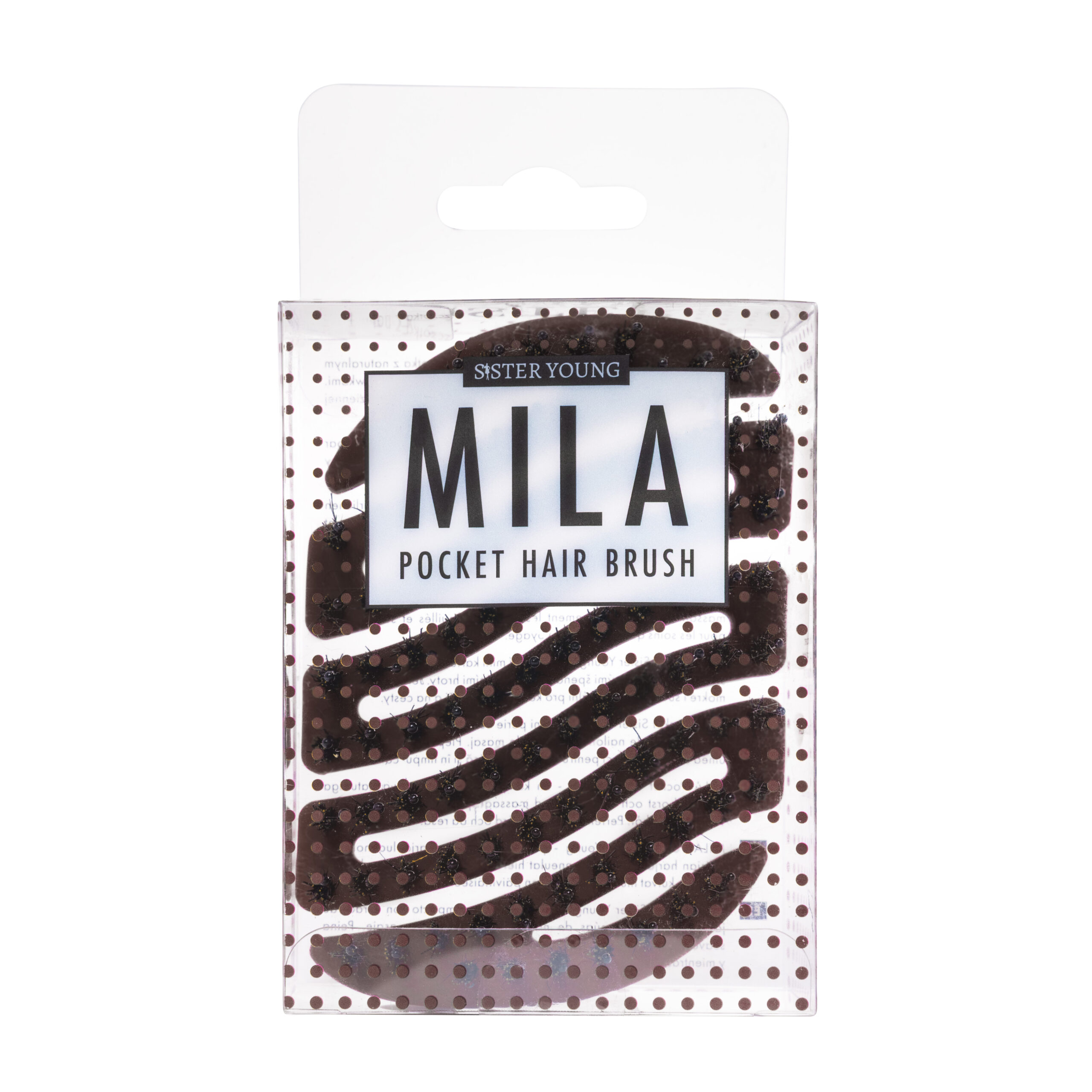 Mini szczotka do włosów Sister Young MILA Chocolate Coffee w opakowaniu, na białym tle.