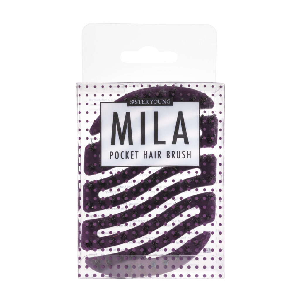 Mini szczotka do włosów Sister Young MILA Honey Plum w opakowaniu, na białym tle.